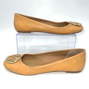 Tory Burch Tan Round Toe Ballet Flats with Gold Logo Plaque on Toes- Size 8